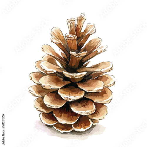 Watercolor style pinecone with detailed scales and stem casting a soft shadow