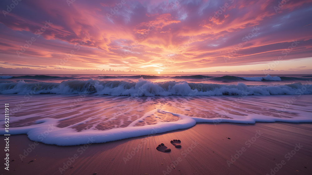 Fototapeta premium barefoot prints disappearing into ocean waves, vibrant sunset with layered purple orange and pink clouds, silky water surface reflecting dramatic sky colors, wet sand capturing golden hour light,