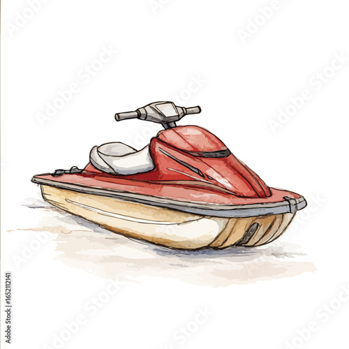 Watercolor Style Red and White Jet Ski Illustration with Detailed Shading