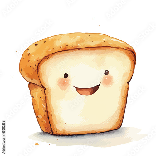 Watercolor style smiling slice of bread with rosy cheeks and happy expression