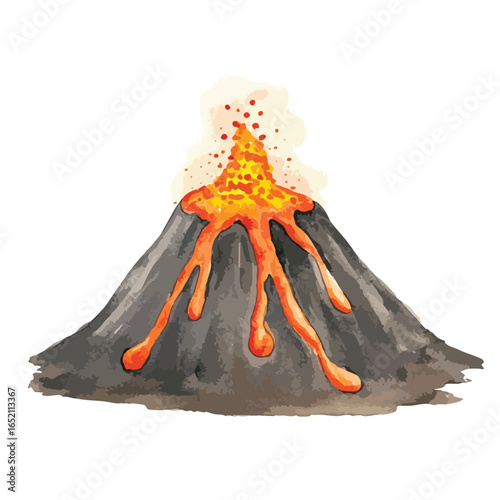 Watercolor Style Volcano Eruption with Flowing Lava and Ash Cloud