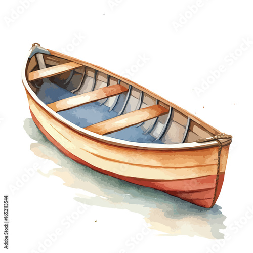 Watercolor Style Wooden Rowboat with Blue Interior and Attached Rope