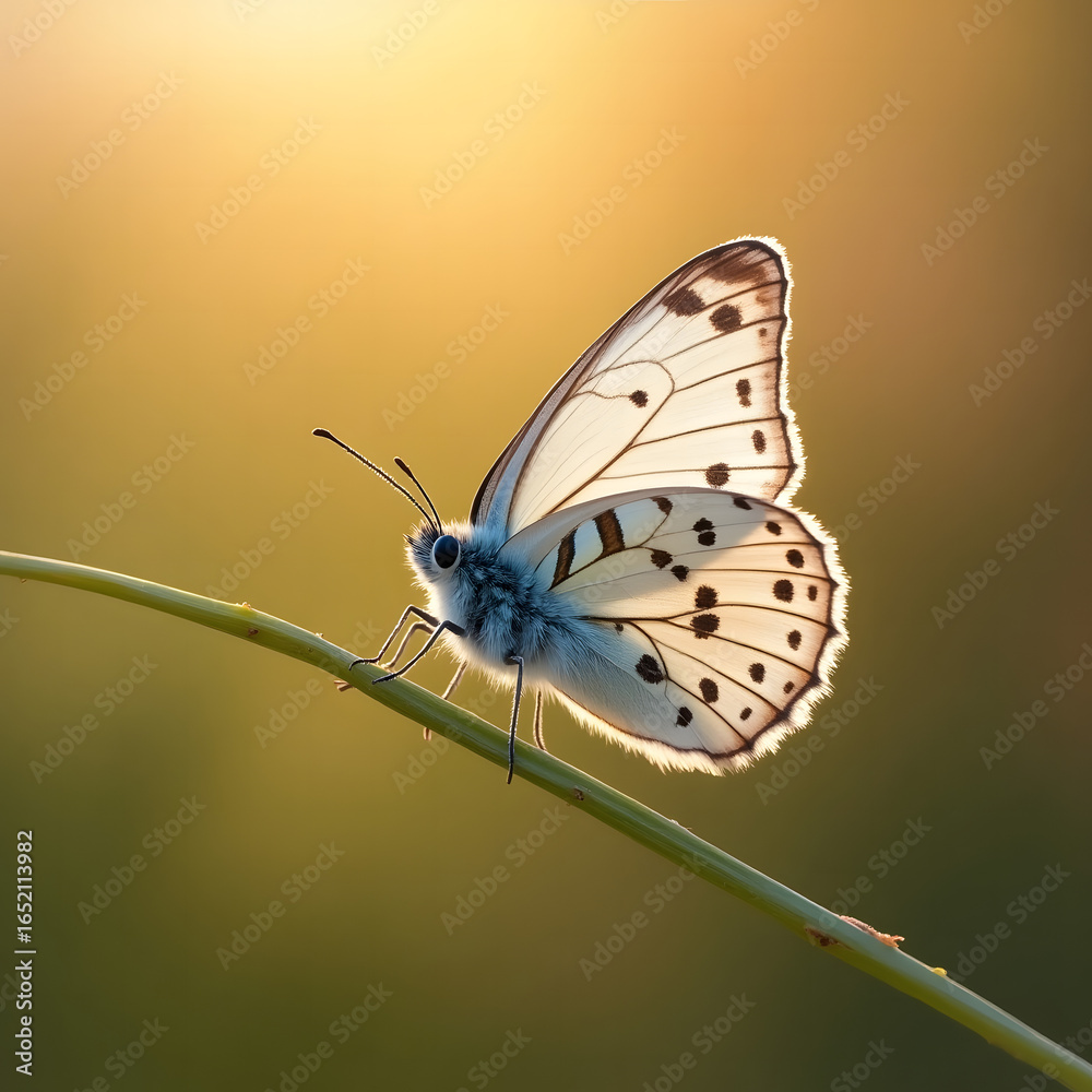 Fototapeta premium White Butterfly on Green Stem with Brown Spots and Black Antennae