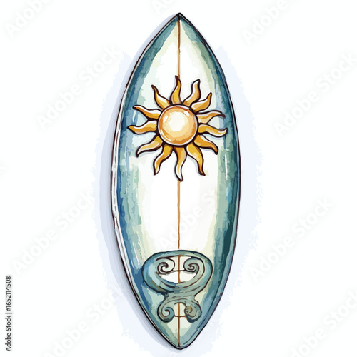 Watercolor Surfboard with Golden Sun and Swirls Design Illustration