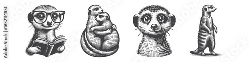 Vintage Hand-Drawn Meerkats Illustration, Hugging Engraved Vector for Love and T-Shirt Design