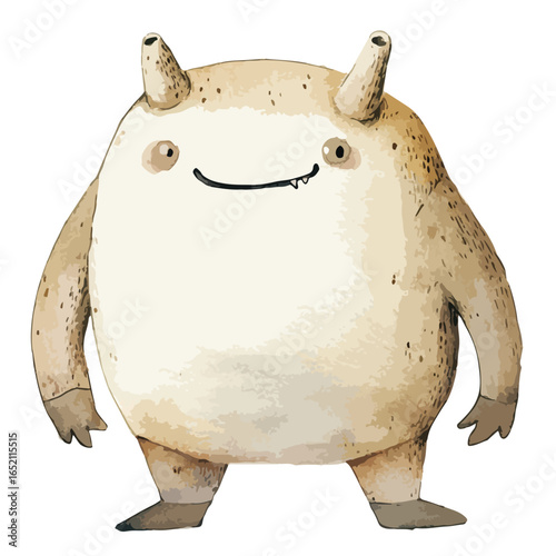 Watercolor Textured Monster with Horns and a Mischievous Grin