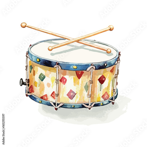 Watercolor Toy Drum with Crossed Drumsticks and Colorful Diamond Patterns