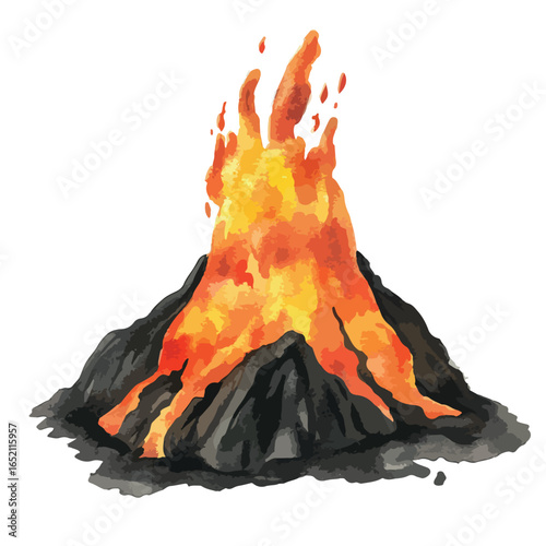 Watercolor Volcano Eruption with Flowing Lava and Fiery Orange Flames