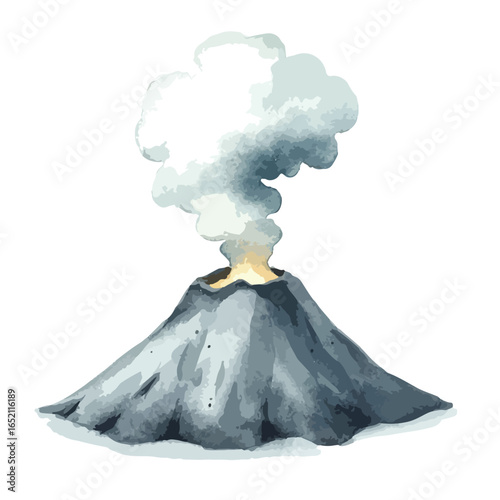 Watercolor volcano with rising smoke and visible lava glow from the crater