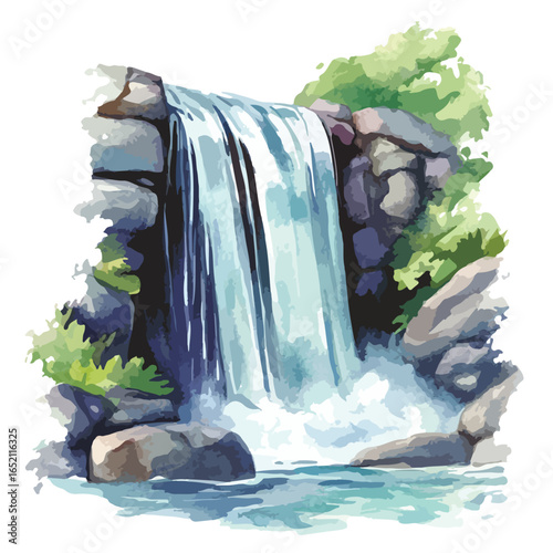 Watercolor Waterfall Cascade with Rocky Outcrops and Lush Green Foliage
