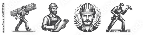 Vintage Hand-Drawn Construction Worker Illustration, Wearing Helmet Engraved Vector for Safety and T-Shirt Design