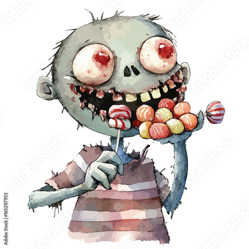 Watercolor Zombie Child Devouring Candies and Lollipops