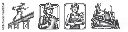 Vintage Hand-Drawn Female Construction Worker Illustration, Wearing Helmet Engraved Vector for Work and T-Shirt Design