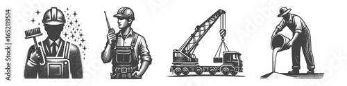 Vintage Hand-Drawn Construction Worker Illustration, With Glass Cleaning Brush Engraved Vector for Maintenance and T-Shirt Design
