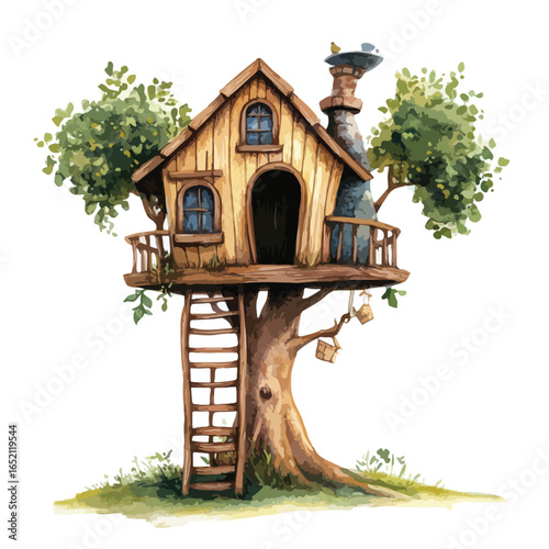 Whimsical Treehouse with Ladder Balcony Chimney and Bird Perched on Top