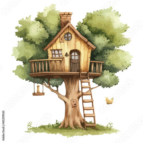 Whimsical Treehouse with Swing Ladder and Birdhouse in a Lush Green Tree