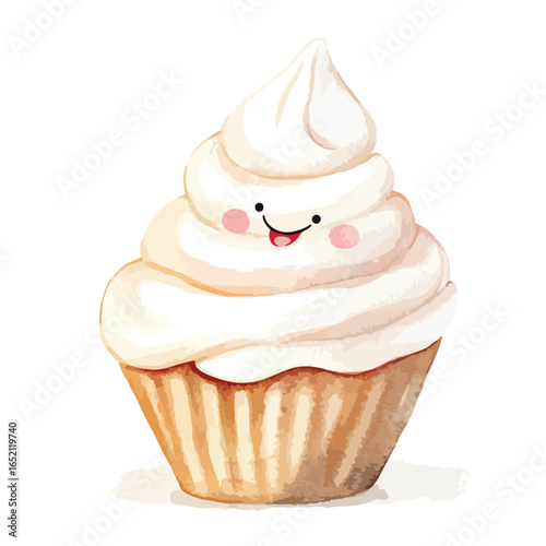 Whimsical Watercolor Cupcake with a Happy Expression
