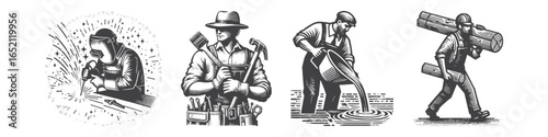 Vintage Hand-Drawn Construction Worker Illustration, Carrying Wood Engraved Vector for Work and T-Shirt Design