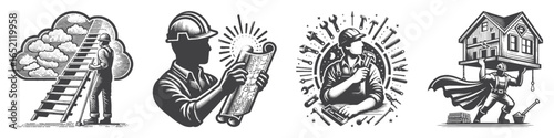 Vintage Hand-Drawn Construction Worker Illustration, Superhero Lifting House Engraved Vector for Strength and T-Shirt Design