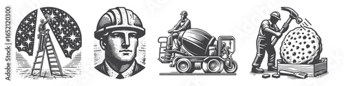 Vintage Hand-Drawn Construction Worker Illustration, With Cement Mixer Truck Engraved Vector for Construction and T-Shirt Design