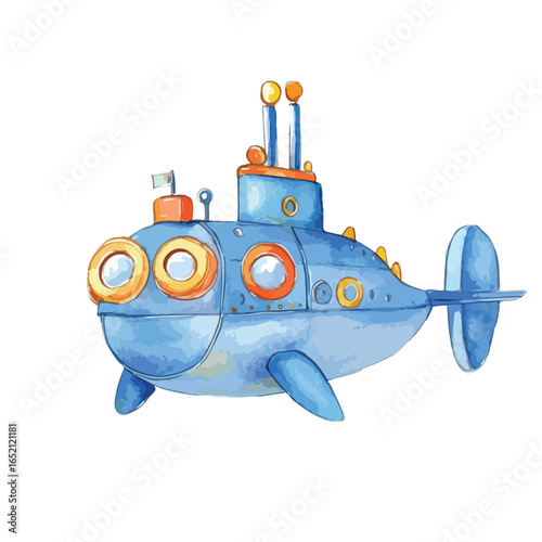 Whimsical Watercolor Submarine with Unique Details and Playful Design