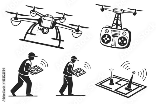 Drone operation and control icons isolated on white background