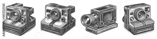 Vintage Hand-Drawn Retro Polaroid Camera Illustration, Instant Photography Engraved Vector for Nostalgia and T-Shirt Design