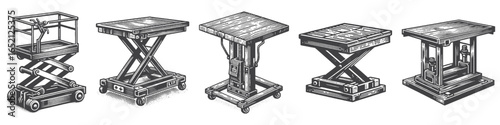 Vintage Hand-Drawn Lift Table Illustration, Industrial Equipment Engraved Vector for Work and T-Shirt Design