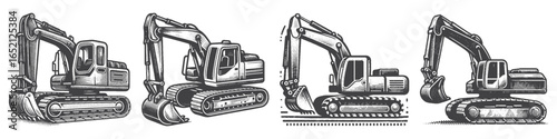 Vintage Hand-Drawn Excavator Illustration, Heavy Machinery Engraved Vector for Construction and T-Shirt Design