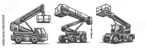 Vintage Hand-Drawn Telehandler Illustration, Heavy Machinery Engraved Vector for Construction and T-Shirt Design