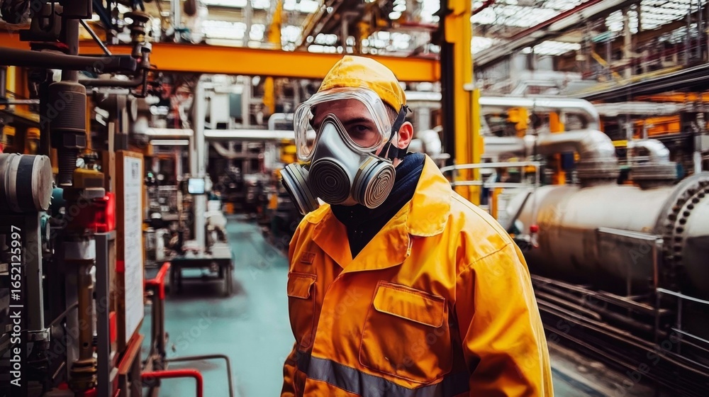Safety protocol: Chemical specialist equipped for hazardous factory work. 