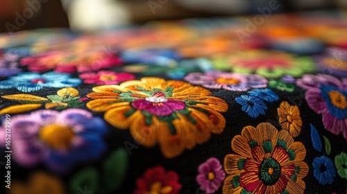 Close-up shot of colorful floral embroidery on a black fabric surface. It's perfect for textile design or adding a cultural touch to projects.