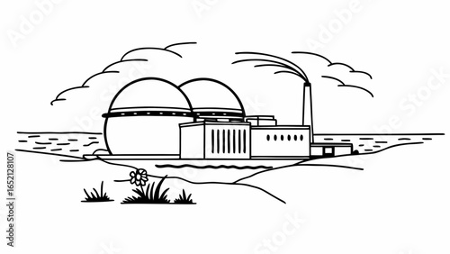 Modern Coastal Nuclear Power Plant – Photorealistic View of Containment Structure, Cooling Towers, and Turbine Hall Under Clear Skies