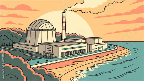 Modern Coastal Nuclear Power Plant – Photorealistic View of Containment Structure, Cooling Towers, and Turbine Hall Under Clear Skies