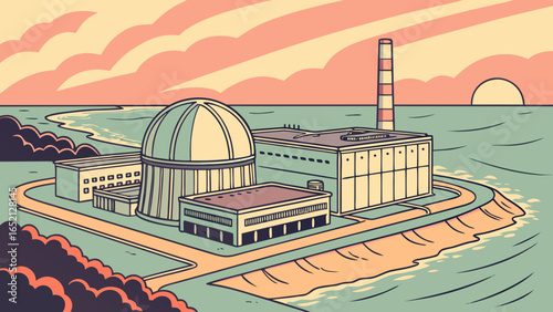 Modern Coastal Nuclear Power Plant – Photorealistic View of Containment Structure, Cooling Towers, and Turbine Hall Under Clear Skies
