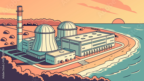 Modern Coastal Nuclear Power Plant – Photorealistic View of Containment Structure, Cooling Towers, and Turbine Hall Under Clear Skies
