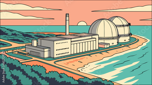 Modern Coastal Nuclear Power Plant – Photorealistic View of Containment Structure, Cooling Towers, and Turbine Hall Under Clear Skies