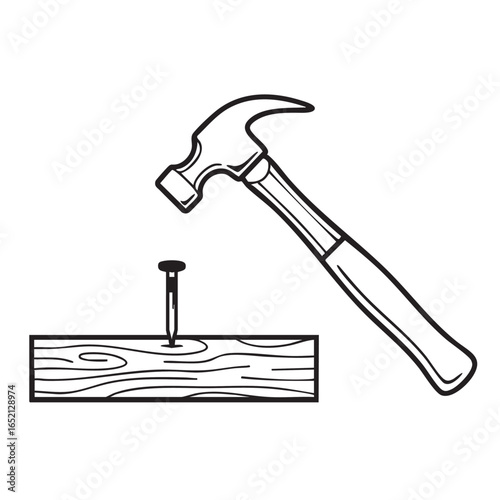 Black and White Illustration of a Hammer Driving a Nail into Wood Craft and Construction Concept with Tool
