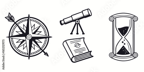 Vintage science and history icons isolated on white background