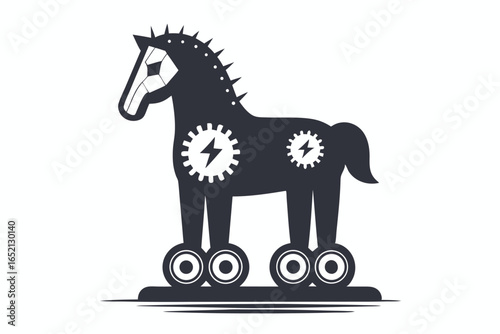 Cartoon Wooden Horse on Wheels with Bolt on White Background Isolated