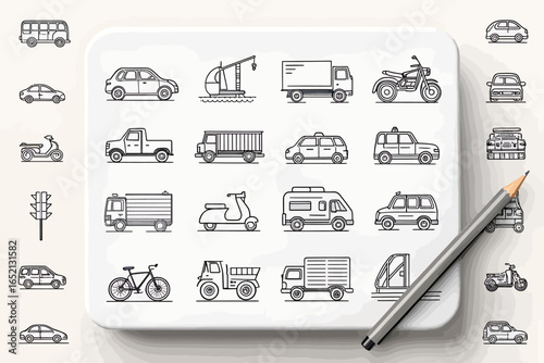 Back to school icons of various transportation vehicles like a school bus, car, and airplane for education and travel