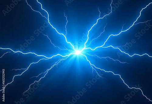 Abstract blue lightning energy bursts with glowing fractal patterns in dark night sky. Powerful electric storm effect, cosmic plasma atmosphere, dynamic digital background for science, art, fantasy.