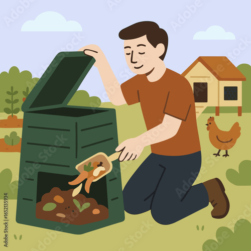 Man composting food scraps in garden with chicken coop in background  