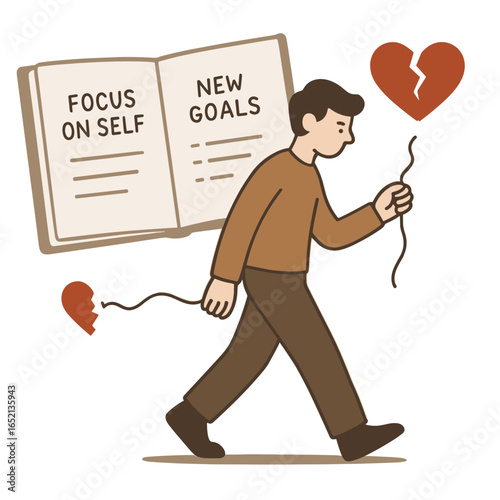 Man walking with broken heart balloon beside self-improvement book  