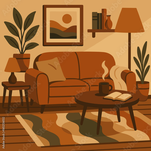 Cozy living room with brown sofa, coffee table, and plants  