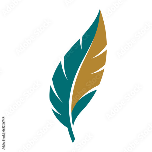 Turquoise and gold stylized feather illustration on white background  