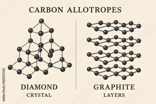Diamond and Graphite Allotropes: An illustrative portrayal of carbon allotropes, comparing the crystalline structure of a diamond with the layered arrangement of graphite.