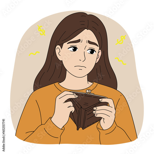 Young woman looking worried while holding empty wallet  