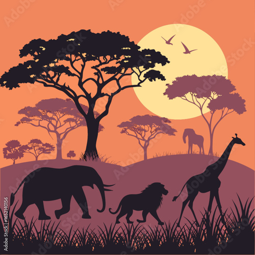 African safari animals silhouette landscape at sunset vector illustration graphic design background for print
