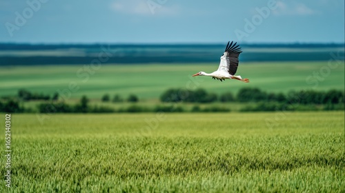 White stork flying gracefully over wide green farmland with scenic hills and blue summer sky in background